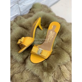 Ferragamo Patent Leather Bow High Heeled Slippers For Women Orange