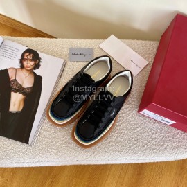 Ferragamo Soft Calf Leather Thick Soled Casual Shoes For Women Black