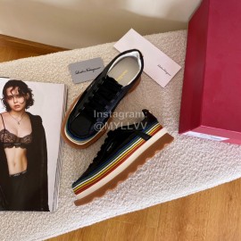 Ferragamo Soft Calf Leather Thick Soled Casual Shoes For Women Black