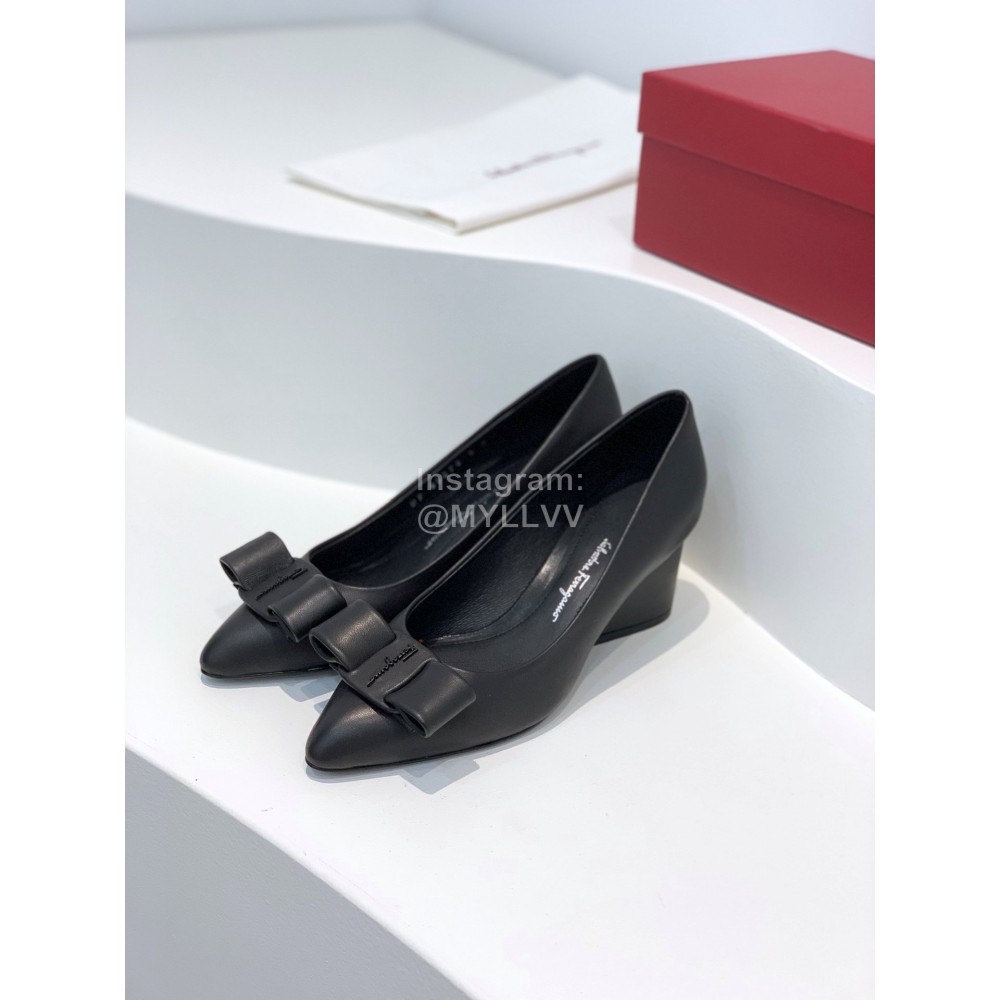 Ferragamo Viva Bow Sheepskin Thick High Heeled Ballet Shoes For Women Black