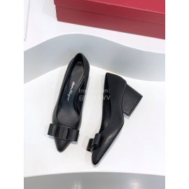 Ferragamo Viva Bow Sheepskin Thick High Heeled Ballet Shoes For Women Black