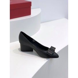 Ferragamo Viva Bow Sheepskin Thick High Heeled Ballet Shoes For Women Black