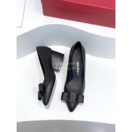 Ferragamo Viva Bow Sheepskin Thick High Heeled Ballet Shoes For Women Black