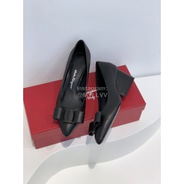 Ferragamo Viva Bow Sheepskin Thick High Heeled Ballet Shoes For Women Black