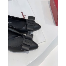 Ferragamo Viva Bow Sheepskin Thick High Heeled Ballet Shoes For Women Black