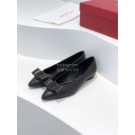 Ferragamo Viva Bow Sheepskin Pointed Ballet Shoes For Women Black