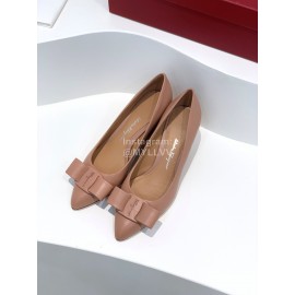 Ferragamo Viva Bow Sheepskin Thick High Heeled Ballet Shoes For Women Apricot