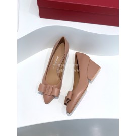 Ferragamo Viva Bow Sheepskin Thick High Heeled Ballet Shoes For Women Apricot