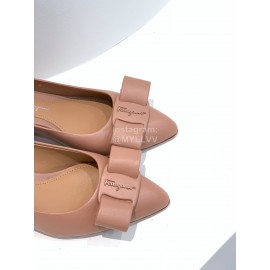 Ferragamo Viva Bow Sheepskin Thick High Heeled Ballet Shoes For Women Apricot