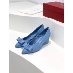 Ferragamo Viva Bow Sheepskin Thick High Heeled Ballet Shoes For Women Blue