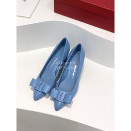 Ferragamo Viva Bow Sheepskin Thick High Heeled Ballet Shoes For Women Blue