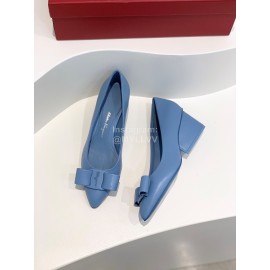 Ferragamo Viva Bow Sheepskin Thick High Heeled Ballet Shoes For Women Blue