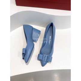Ferragamo Viva Bow Sheepskin Thick High Heeled Ballet Shoes For Women Blue