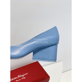 Ferragamo Viva Bow Sheepskin Thick High Heeled Ballet Shoes For Women Blue