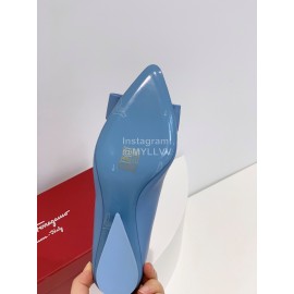 Ferragamo Viva Bow Sheepskin Thick High Heeled Ballet Shoes For Women Blue