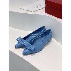 Ferragamo Viva Bow Sheepskin Pointed Ballet Shoes For Women Blue