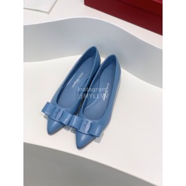 Ferragamo Viva Bow Sheepskin Pointed Ballet Shoes For Women Blue