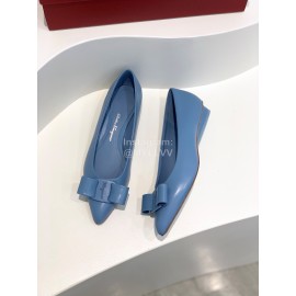 Ferragamo Viva Bow Sheepskin Pointed Ballet Shoes For Women Blue