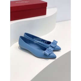Ferragamo Viva Bow Sheepskin Pointed Ballet Shoes For Women Blue