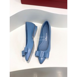 Ferragamo Viva Bow Sheepskin Pointed Ballet Shoes For Women Blue