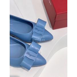 Ferragamo Viva Bow Sheepskin Pointed Ballet Shoes For Women Blue