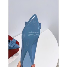 Ferragamo Viva Bow Sheepskin Pointed Ballet Shoes For Women Blue