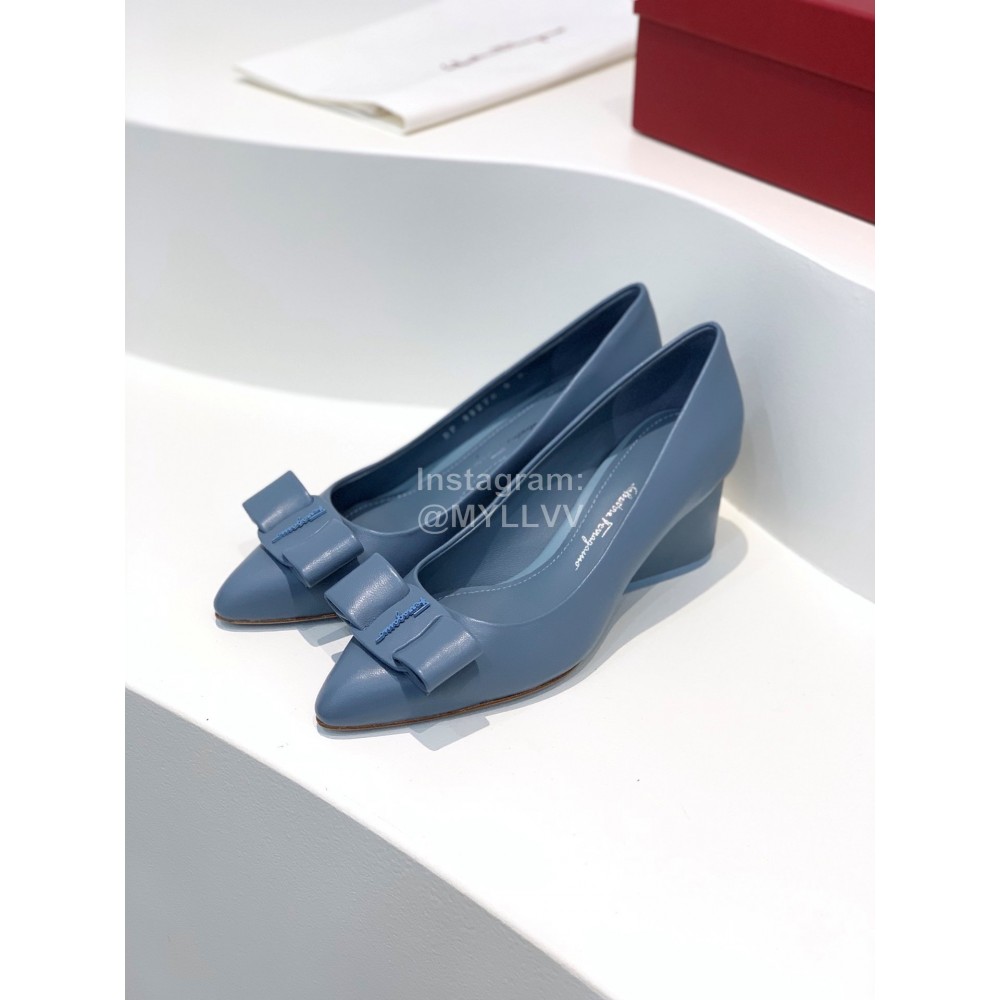 Ferragamo Viva New Bow Sheepskin Thick High Heeled Ballet Shoes For Women Blue