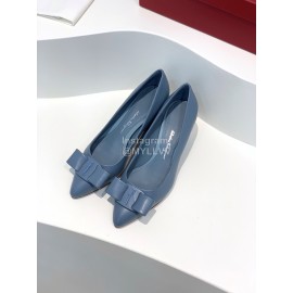 Ferragamo Viva New Bow Sheepskin Thick High Heeled Ballet Shoes For Women Blue
