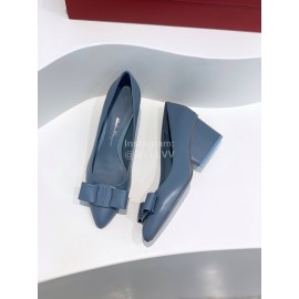 Ferragamo Viva New Bow Sheepskin Thick High Heeled Ballet Shoes For Women Blue