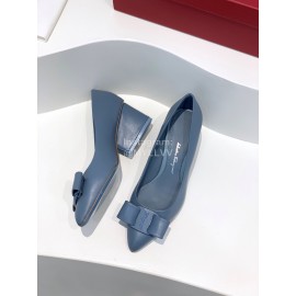 Ferragamo Viva New Bow Sheepskin Thick High Heeled Ballet Shoes For Women Blue