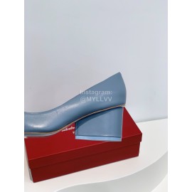 Ferragamo Viva New Bow Sheepskin Thick High Heeled Ballet Shoes For Women Blue