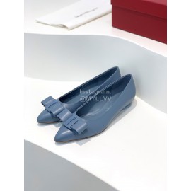 Ferragamo Viva New Bow Sheepskin Pointed Ballet Shoes For Women Blue