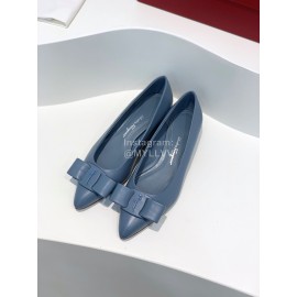 Ferragamo Viva New Bow Sheepskin Pointed Ballet Shoes For Women Blue