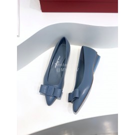 Ferragamo Viva New Bow Sheepskin Pointed Ballet Shoes For Women Blue