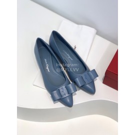 Ferragamo Viva New Bow Sheepskin Pointed Ballet Shoes For Women Blue