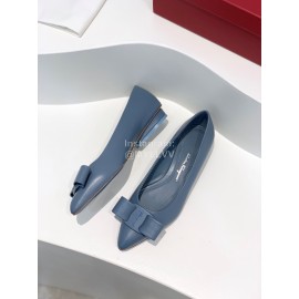 Ferragamo Viva New Bow Sheepskin Pointed Ballet Shoes For Women Blue