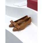Ferragamo Viva Bow Sheepskin Pointed Ballet Shoes For Women Brown