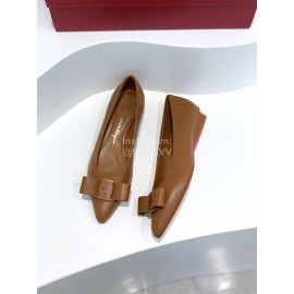 Ferragamo Viva Bow Sheepskin Pointed Ballet Shoes For Women Brown