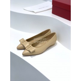 Ferragamo Viva Bow Sheepskin Pointed Ballet Shoes For Women Khaki