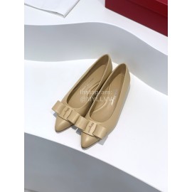 Ferragamo Viva Bow Sheepskin Pointed Ballet Shoes For Women Khaki