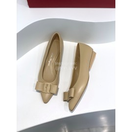 Ferragamo Viva Bow Sheepskin Pointed Ballet Shoes For Women Khaki