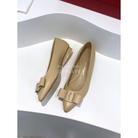 Ferragamo Viva Bow Sheepskin Pointed Ballet Shoes For Women Khaki