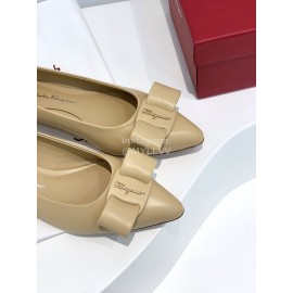 Ferragamo Viva Bow Sheepskin Pointed Ballet Shoes For Women Khaki