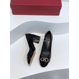 Ferragamo Fashion Gancini Buckle Patent Leather High Heels For Women Black