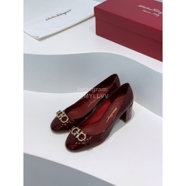 Ferragamo Fashion Gancini Buckle Patent Leather High Heels For Women Wine Red