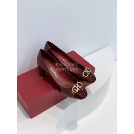 Ferragamo Fashion Gancini Buckle Patent Leather High Heels For Women Wine Red