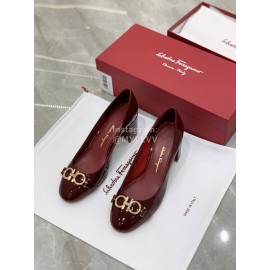 Ferragamo Fashion Gancini Buckle Patent Leather High Heels For Women Wine Red