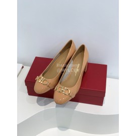 Ferragamo Fashion Gancini Buckle Patent Leather High Heels For Women Apricot 