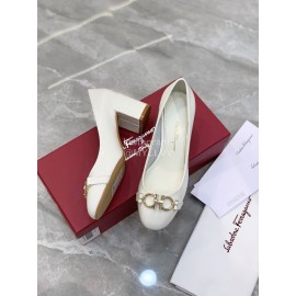 Ferragamo Fashion Gancini Buckle Patent Leather High Heels For Women White