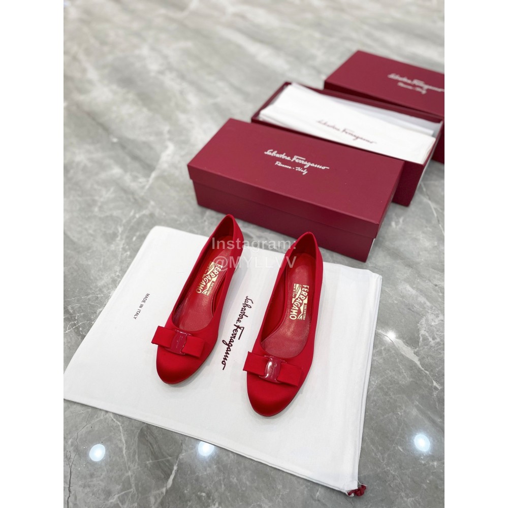 Ferragamo Viva Bow Silk Satin Thick High Heeled Ballet Shoes For Women Red